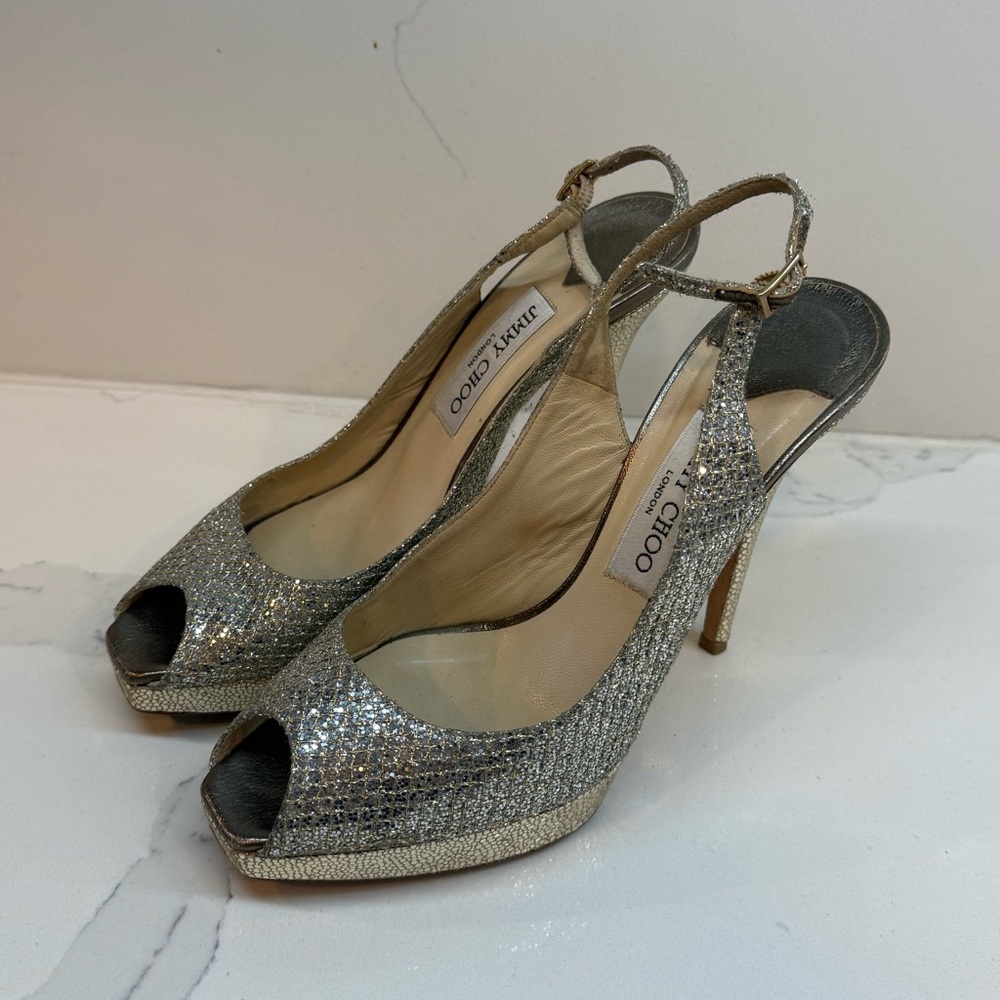 Jimmy Choo Vita Glitter Metallic Peep Toe Silver Slingback Heels Size 38